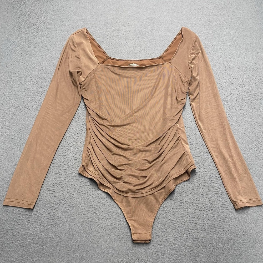 Mesh Bodysuit Womens XL Beige Long Sleeve Ruched Front Sheer Thong Stretch
